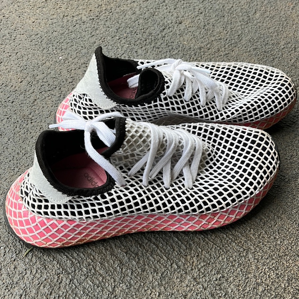 adidas White and Pink Mesh Athletic Shoes